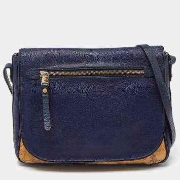 Pre Owned Alviero Martini 1A Classe Tan/Blue Geo Print Coated Canvas and Leather Crossbody Bag