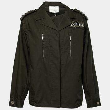 Pre Owned Amen Dark Green Cotton Crystal Embellished Epaulette Detail Military Jacket M