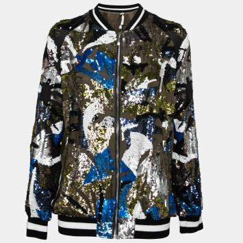 Pre Owned Amen Multicolor Sequin Embellished Satin Bomber Jacket M 