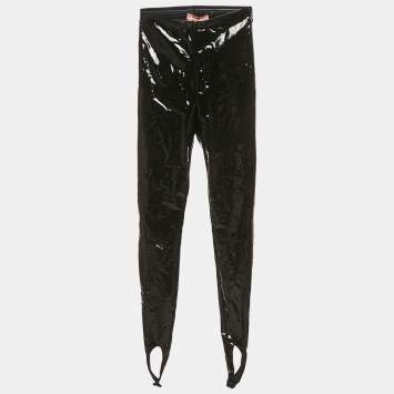 Pre Owned Amina Muaddi Black Faux Leather Stirrup Leggings XS