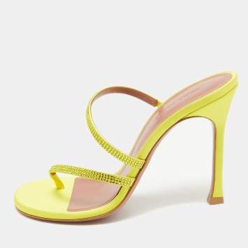 Pre Owned Amina Muaddi Yellow Crystal Embellished Satin Ami 105 Slide Sandals Size 37