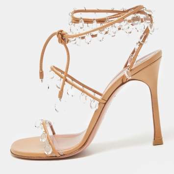 Pre Owned Amina Muaddi Metallic Beige Leather Tina Sandals Size 39