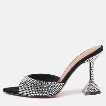 Pre Owned Amina Muaddi Black Suede Crystal Embellished Caroline Slide Sandals Size 39