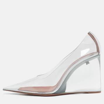 Pre Owned Amina Muaddi Silver Patent Leather and PVC Ane Wedge Pumps Size 39
