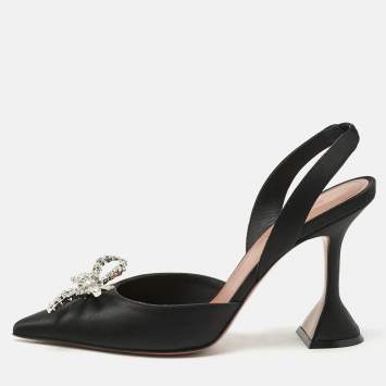 Amina Muaddi Black Satin Rosie Slingback Pumps Size 37