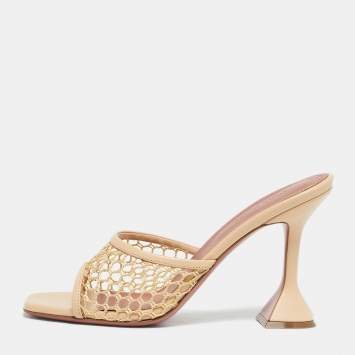 Pre Owned Amina Muaddi Beige Leather and Net Lupita Slide Sandals Size 39