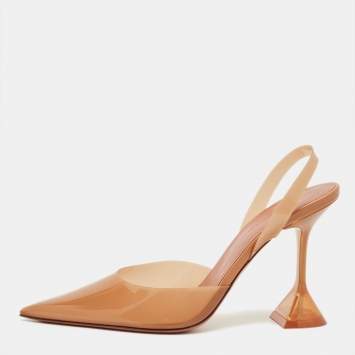 مملوكة مسبقًا Amina Muaddi Brown PVC Holli Glass Slingback Pumps Size 38