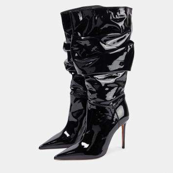 Pre Owned Amina Muaddi Jahleel Latex Black Leather Ankle Boots EU 38