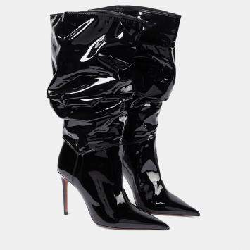 Pre Owned Amina Muaddi Jahleel Latex Black Leather Ankle Boots EU 39