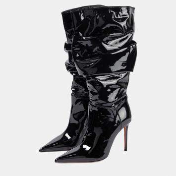 Pre Owned Amina Muaddi Jahleel Latex Black Leather Ankle Boots 39.5