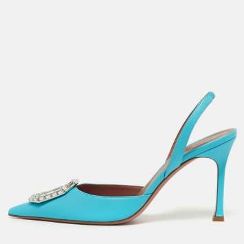مملوكة مسبقًا Amina Muaddi Camelia Size 39 Blue Leather Slingback Pumps