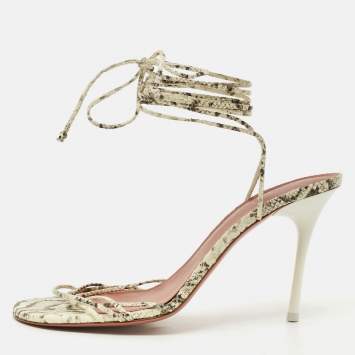 مملوكة مسبقًا Amina Muaddi Lori Size 40.5 Cream/Brown Snakeskin Embossed Leather Ankle Wrap Sandals