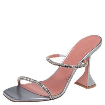 مملوكة مسبقًا Amina Muaddi Silver Lurex Fabric Gilda Sandals Size 39