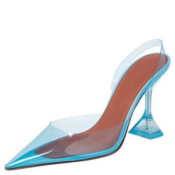 Pre Owned Amina Muaddi Blue PVC And Leather Holli Glass Slingback Pumps Size 39