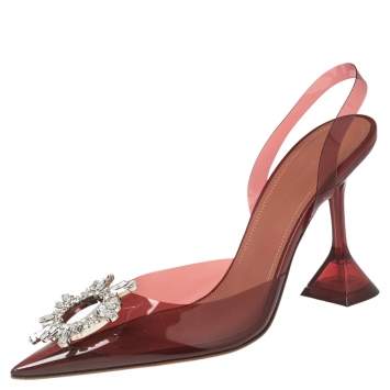 Pre Owned Amina Muaddi Burgundy PVC Begum Glass Slingback Pumps Size 38.5