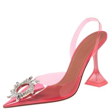 Pre Owned Amina Muaddi Hot Pink PVC Begum Glass Slingback Pumps Size 37