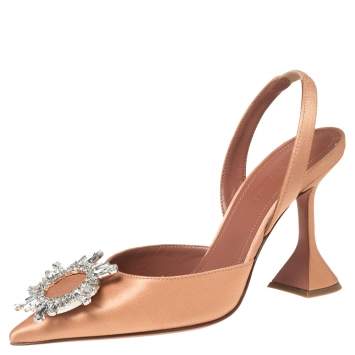 Pre Owned Amina Muaddi Rose Gold Satin Begum Slingback Pumps Size 36 