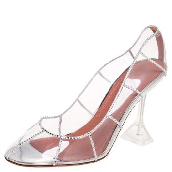 Pre Owned Amina Muaddi Silver Crystal Embellished PVC Kitty Glass Pumps Size 40.5