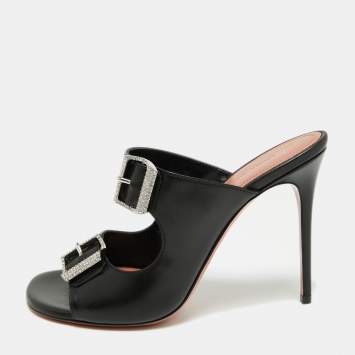 Pre Owned Amina Muaddi Black Leather Millie Crystal Embellished Sandals Size 38