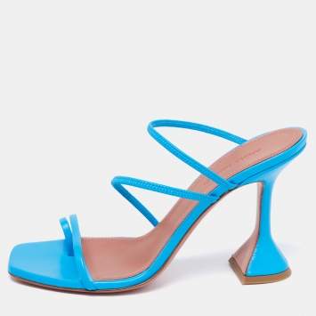Pre Owned Amina Muaddi Blue Leather Naima Fluo Sandals Size 37.5
