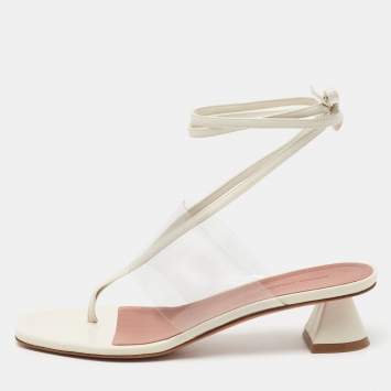 Pre Owned Amina Muaddi Cream Leather and PVC Zula Ankle Tie Sandals Size 37.5