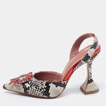 Pre Owned Amina Muaddi Red/Monochrome Python Embossed Leather Begum Sling Pumps Size 37