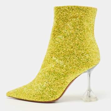 Pre Owned Amina Muaddi Yellow Coarse Glitter Giorgia Ankle Boots Size 37