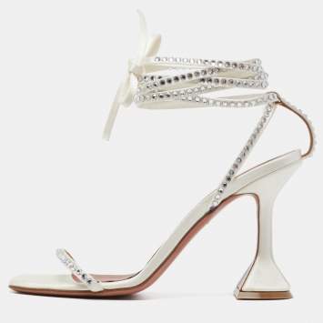 Pre Owned Amina Muaddi White Crystal Embellished Satin Vita Ankle Tie Sandals Size 37