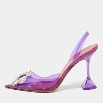 Pre Owned Amina Muaddi Purple PVC Begum Crystal Embellished Slingback Pumps Size 40