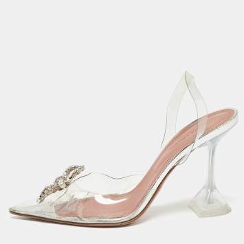 Pre Owned Amina Muaddi Silver PVC Rosie Crystal Embellished Pointed Toe Slingback Pumps Size 37.5