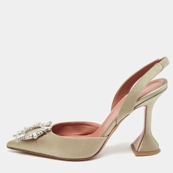Pre Owned Amina Muaddi Grey Satin Begum Slingback Pumps Size 38