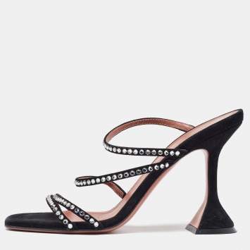 Pre Owned Amina Muaddi Black Suede Gilda Crystal Embellished Sandals Size 37