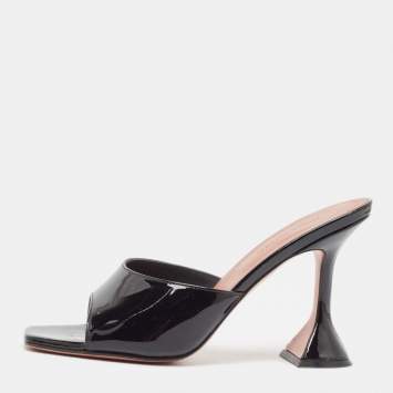Pre Owned Amina Muaddi Black Patent Leather Lupita Slide Sandals Size 37.5