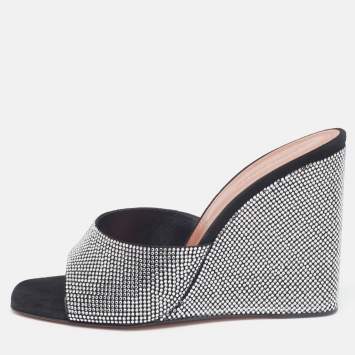 Pre Owned Amina Muaddi Black Crystals Suede Lupita Wedge Open Toe Sandals Size 40