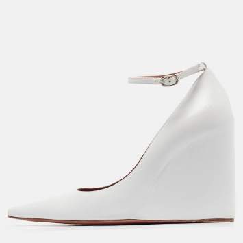 Pre Owned Amina Muaddi White Leather Wedge Pumps Size 37