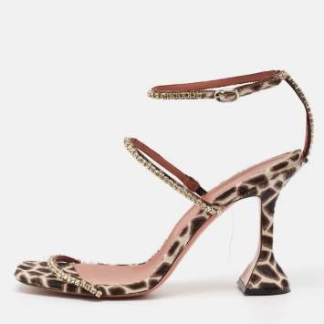 Pre Owned Amina Muaddi Brown/Beige Animal Print Calf Hair Crystal Embellished Gilda Sandals Size 41