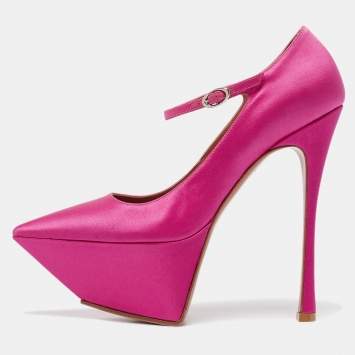 Pre Owned Amina Muaddi Pink Satin Yigit Platform Pumps Size 38