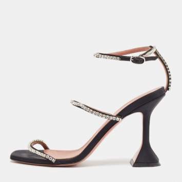 Pre Owned Amina Muaddi Black Crystal Embellished Satin Gilda Sandals Size 38