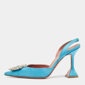 Pre Owned Amina Muaddi Blue Satin Begum Slingback Sandals Size 38.5