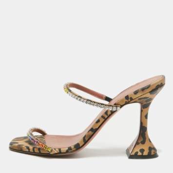 Pre Owned Amina Muaddi Brown Fabric and Leather Glid Slide Sandals Size 36.5