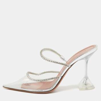 Pre Owned Amina Muaddi Transparent PVC Crystal Embellished Gilda Mules Size 37.5
