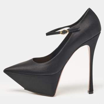 Pre Owned Amina Muaddi Black Satin Yigit Platform Pumps Size 39.5
