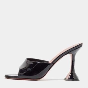 Pre Owned Amina Muaddi Black Patent Leather Lupita Slide Sandals Size 39