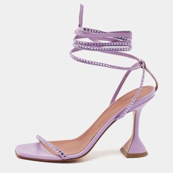 Pre Owned Amina Muaddi Purple Leather Crystal Embellished Vita Ankle Strap Sandals Size 39