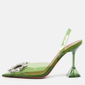Pre Owned Amina Muaddi Green PVC Begum Crystal Embellished Slingback Pumps Size 37