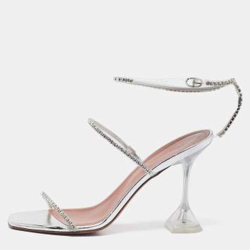 Pre Owned Amina Muaddi Silver PVC Gilda Crystal Embellished Ankle Strap Sandals Size 40