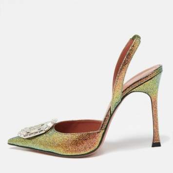 Pre Owned Amina Muaddi Multicolor Glitter Patent Leather Camelia Slingback Pumps Size 38