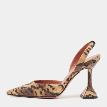 Pre Owned Amina Muaddi Brown Leopard Print Satin Holli Slingback Pumps Size 35