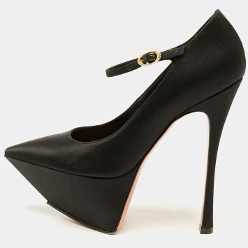 Pre Owned Amina Muaddi Black Satin Yigit Platform Pumps Size 36