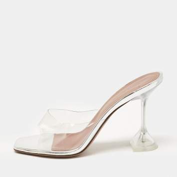Pre Owned Amina Muaddi Silver PVC and Patent Leather Lupita Glass Sandals Size 40.5